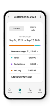 Payworks Self Service App displaying a pay statement on mobile device.