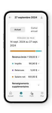 « L’application Libre-service de Payworks qui affiche un bulletin de paie sur un appareil mobile. ».