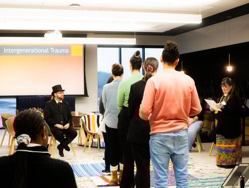 Five Payworks staff standing in a line while Blanket Exercise facilitator direct a demonstration.