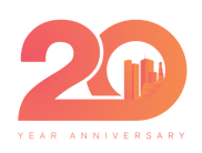 Payworks 20th anniversary logo; a large 20 with "year anniversary" written underneath. Winnipeg's skyline is inside the number 0.