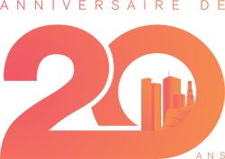 Logo du 20e anniversaire de Payworks : le nombre 20 écrit en gros et au centre du zéro, on reconnaît la silhouette de la ville de Winnipeg. Sous le nombre écrit en gros, on voit « Anniversaire » écrit en petit.