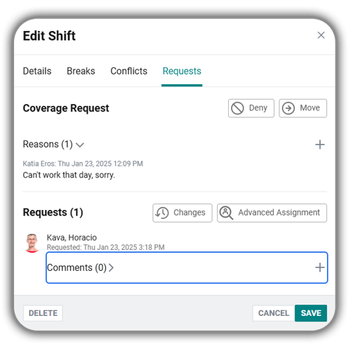 Screenshot of Payworks TM shift coverage request. 