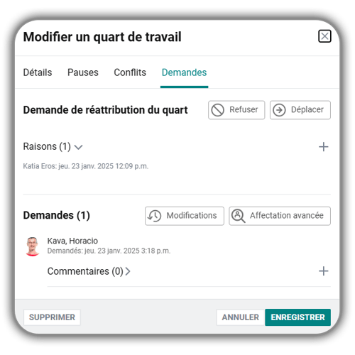Capture d’écran de demande de réattribution des quarts de travail GT Payworks.