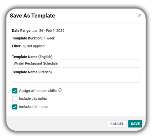 Screenshot of Payworks TM scheduler save template. 
