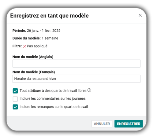 Capture d’écran du modèle d’enregistrement du Planificateur GT Payworks.
