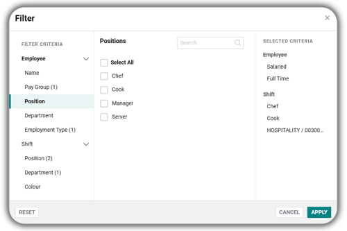 Screenshot of TM scheduler filters. 