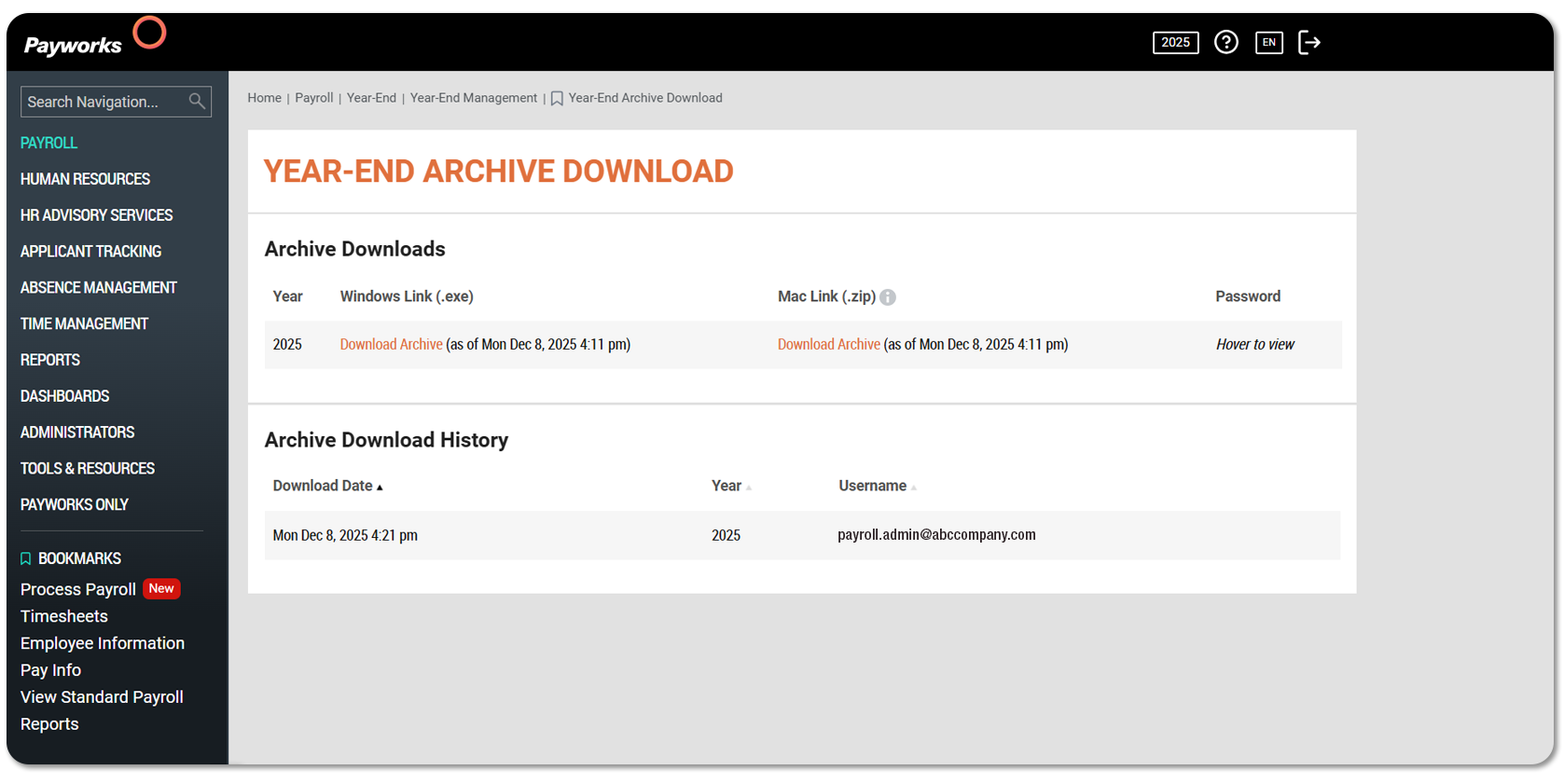 Screenshot of Year-End Archive Download screen.