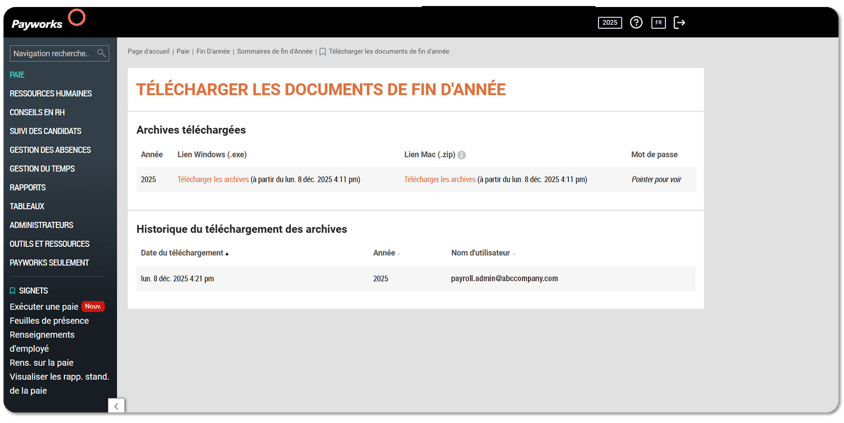 Capture de l’écran de téléchargement des documents de fin d’année.