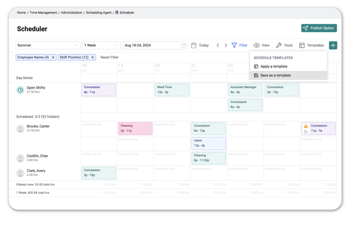 A screen of the Time Management module is shown, showing the Scheduler feature.