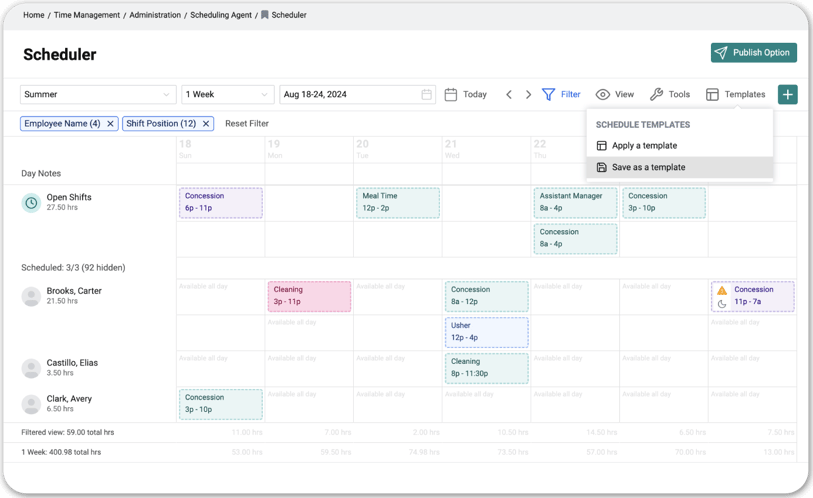 A screenshot of the Payworks Time Management Scheduler interface.
