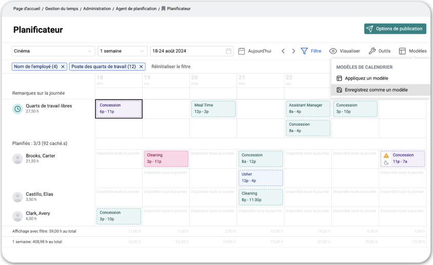 Une capture d’écran de l’interface du planificateur de la solution Gestion du temps de Payworks.