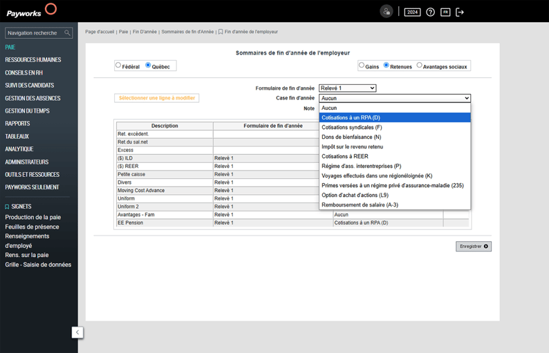 Capture d’écran de la page Sommaires de fin d’année de l’employeur et affectation des cases T4/RL-1.