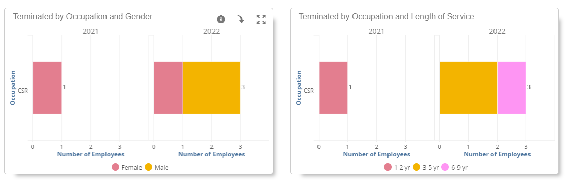 A workforce Analytics graph that shows terminated by occupation.