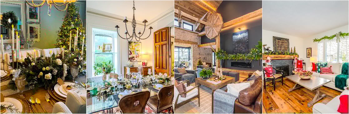 Un collage d'images de maisons élégantes décorées pour les fêtes.