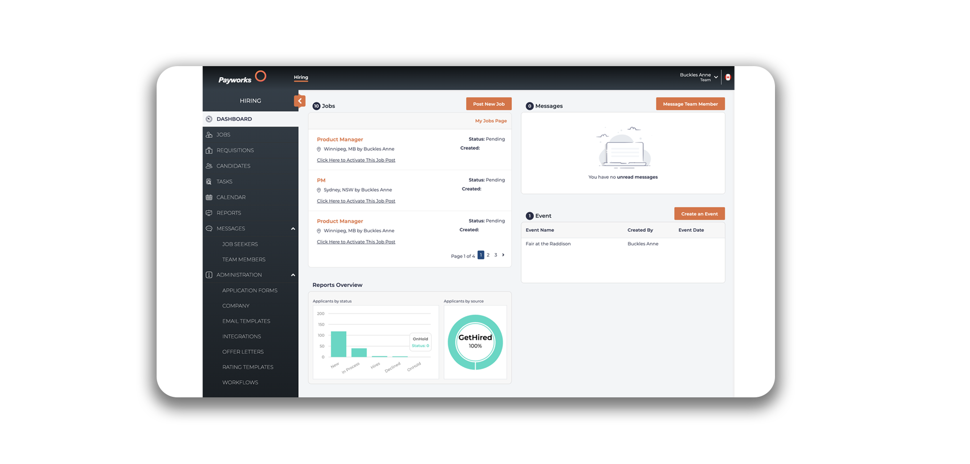 The Payworks Applicant Tracking solution’s dashboard interface.