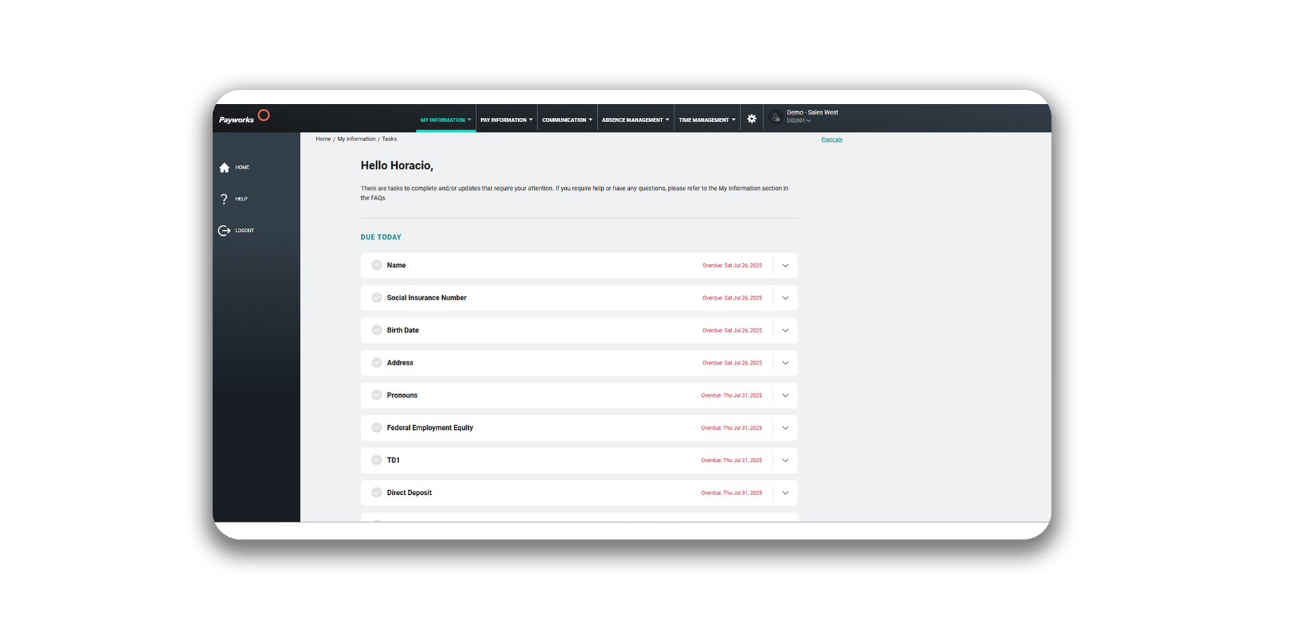 The Payworks Self Service solution’s list of onboarding tasks to be completed by the employee. 