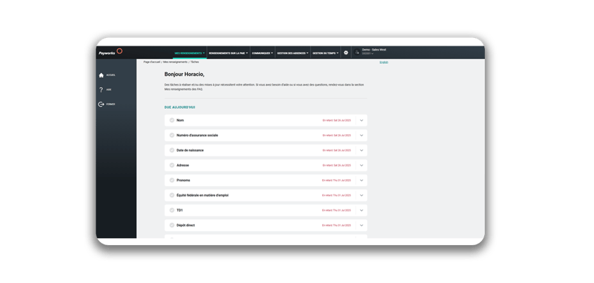 Liste des tâches d’intégration à accomplir par l’employé dans la solution Libre-service de Payworks.