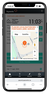 Pointage libre-service et pointage en ligne avec emplacements GPS sur un appareil mobile.