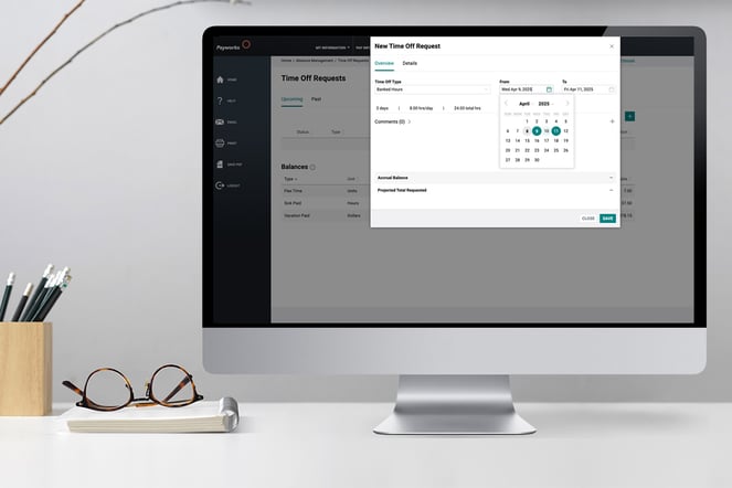 Desktop computer displaying the time off request screen in Payworks Self Service. 