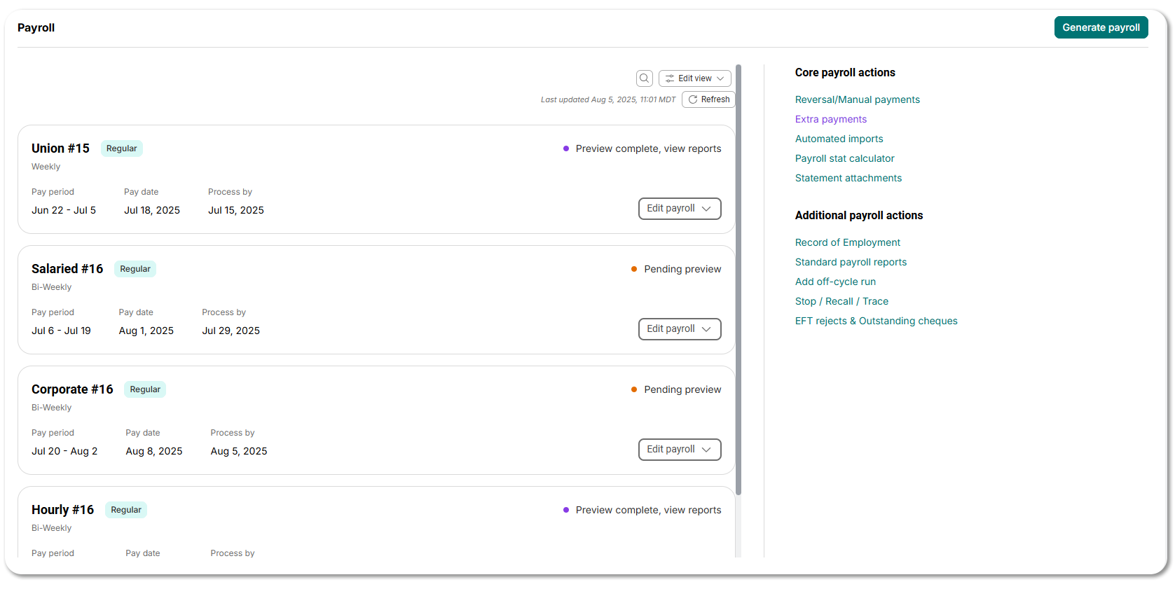 Payroll administrator overview screen with pay frequencies.