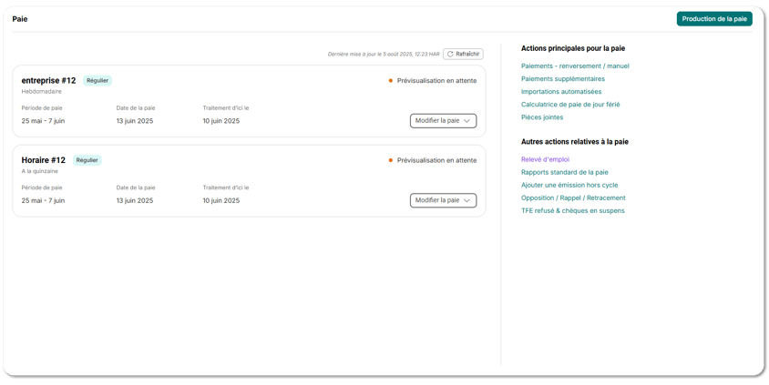 Écran d’aperçu de l’administrateur avec fréquences de paie.