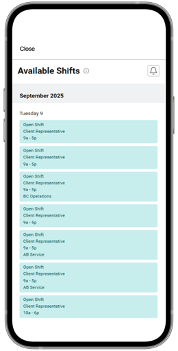 A mobile phone showing Available Shifts in the Payworks Self Service App.