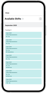 A mobile phone showing available shifts in the Payworks Self Service App.
