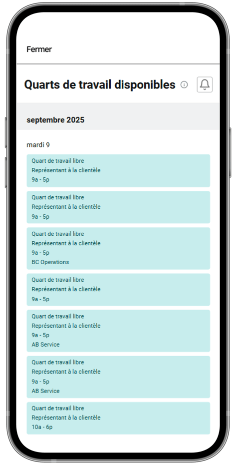 Un cellulaire affichant la fonctionnalité de quarts disponibles dans l’application Libre-service de Payworks.