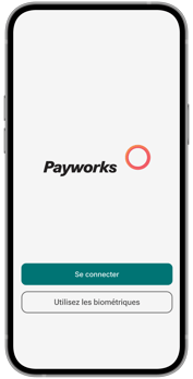 Un téléphone mobile affichant l’écran de connexion dans l’application Libre-service de Payworks.