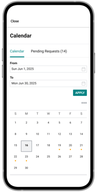 A mobile phone showing a calendar in the Payworks Self Service App.