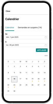 Un téléphone mobile affichant un calendrier dans l’application Libre-service de Payworks.