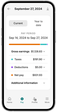 A mobile phone showing a pay statement in the Payworks Self Service App.
