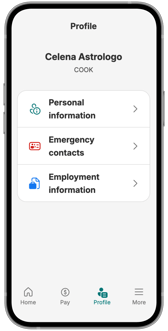 A mobile phone showing an employee profile in the Payworks Self Service App.