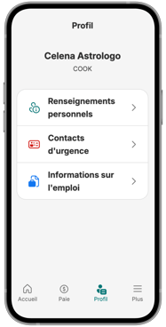 Un téléphone mobile affichant un profil d’employé dans l’application Libre-service de Payworks.-1