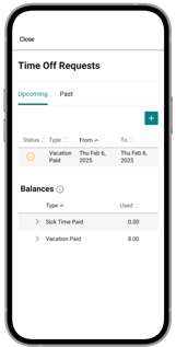 A mobile phone showing a time off request screen in the Payworks Self Service App.