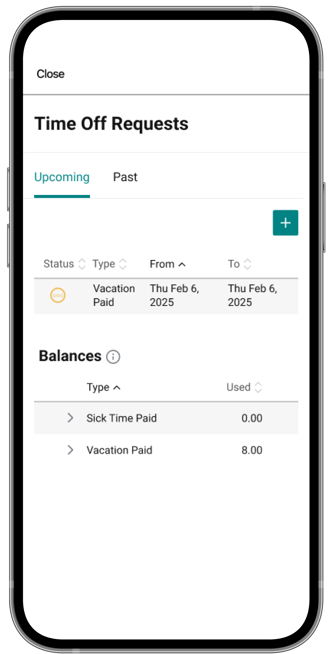 A mobile phone showing a time off request screen in the Payworks Self Service App.