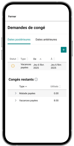 Un téléphone mobile affichant la fonctionnalité de demande de congé dans l’application Libre-service de Payworks.