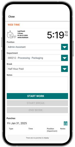 A mobile phone showing Web Time clock in/out functionality in the Payworks Self Service App.