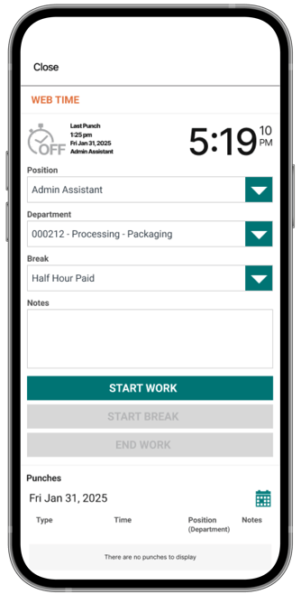 A mobile phone showing Web Time clock in/out functionality in the Payworks Self Service App.
