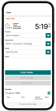A mobile phone showing the Web time clock in/out functionality in the Payworks Self Service App.