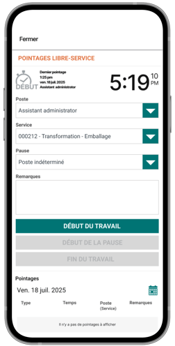 Un téléphone mobile affichant la fonctionnalité de pointage libre-service (arrivée/départ) dans l’application Libre-service de Payworks.