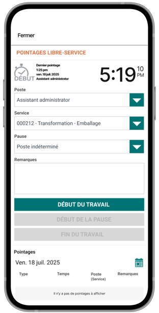 Un téléphone mobile affichant la fonctionnalité de pointage libre-service dans l’application Libre-service de Payworks.