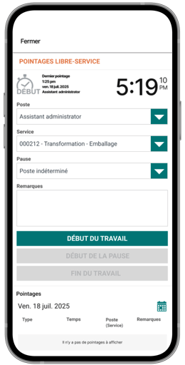 Un téléphone mobile affichant la fonctionnalité de pointage libre-service dans l’application Libre-service de Payworks.