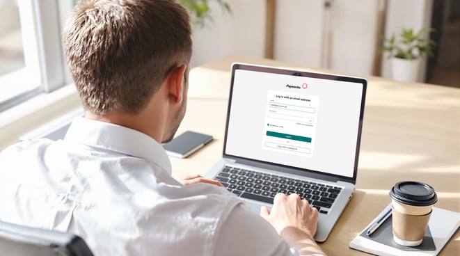 Person logging into the Payworks system on a laptop using their email address.