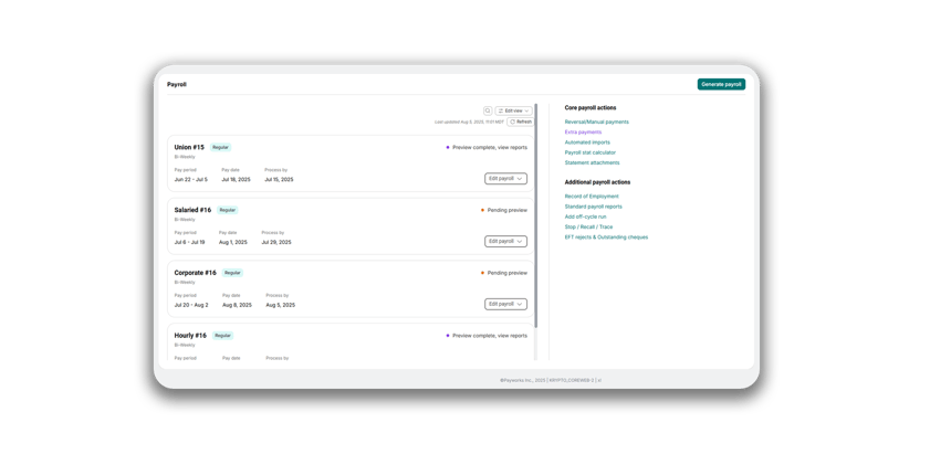 A partial browser window displaying the Payroll Overview page in Payworks’ Payroll solution.