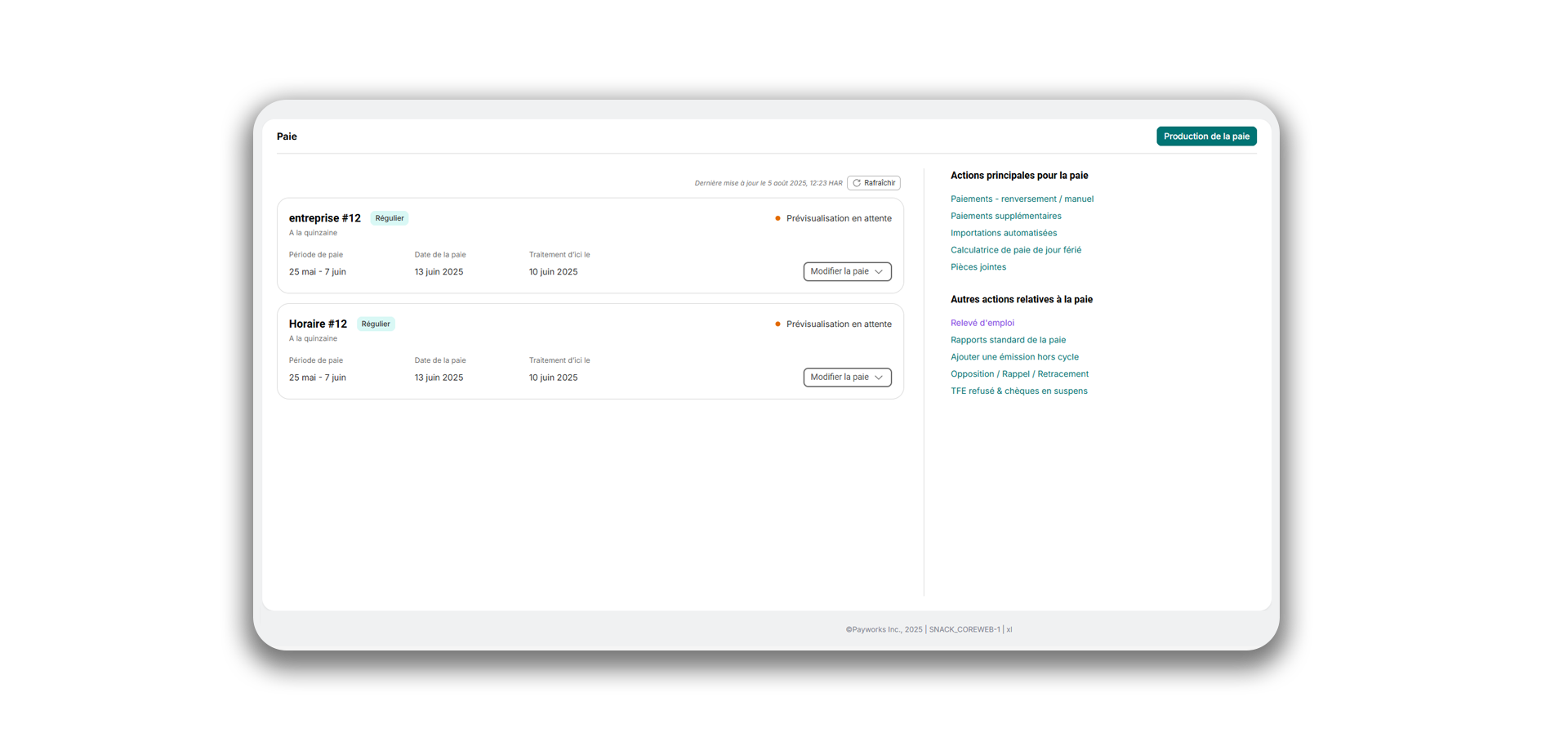 Une fenêtre de navigateur partielle affichant la page Aperçu de la paie dans la solution de Traitement de la paie de Payworks.