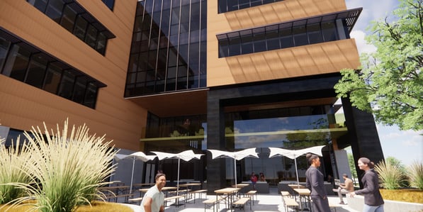 A rendering of an outdoor space at Payworks' new headquarters.