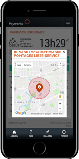 Pointage libre-service et pointage en ligne avec emplacements GPS sur un appareil mobile.