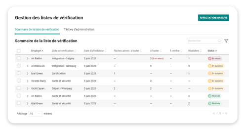 L’écran Gestion des listes de vérification dans l’application Payworks.