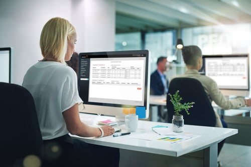 A woman working on a large desktop computer with a benefits screen displayed. 